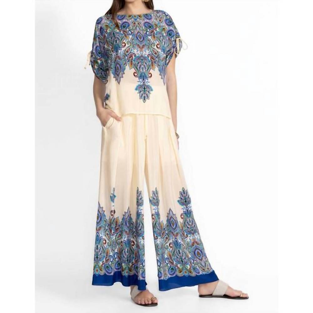 Johnny Was Cream and Blue Flare Jumpsuit